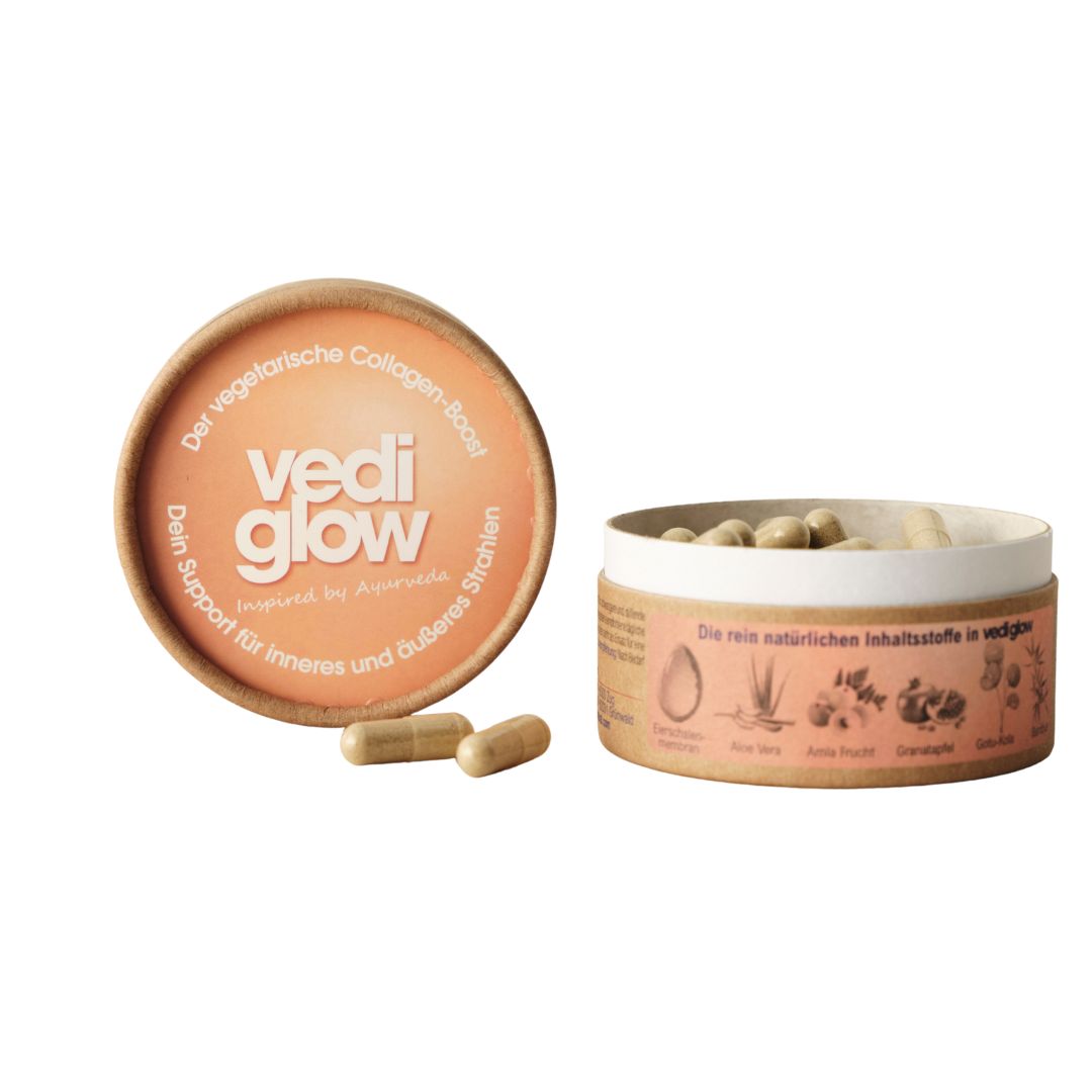 Dose Vedi Glow und Kapseln. Text: Der vegetarische Collagen-Booster. Inspiriert by Ayurveda. Für inneres und äußeres Strahlen.