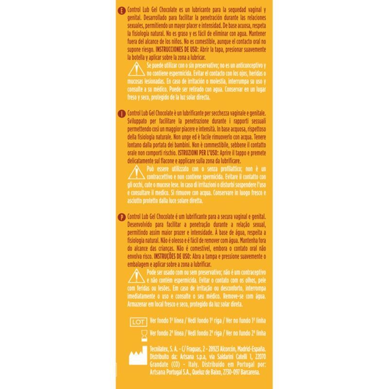 Rückseite einer orangefarbenen Gleitmittelflasche. Text in mehreren Sprachen, CE-Kennzeichnung, Barcode und andere Symbole.