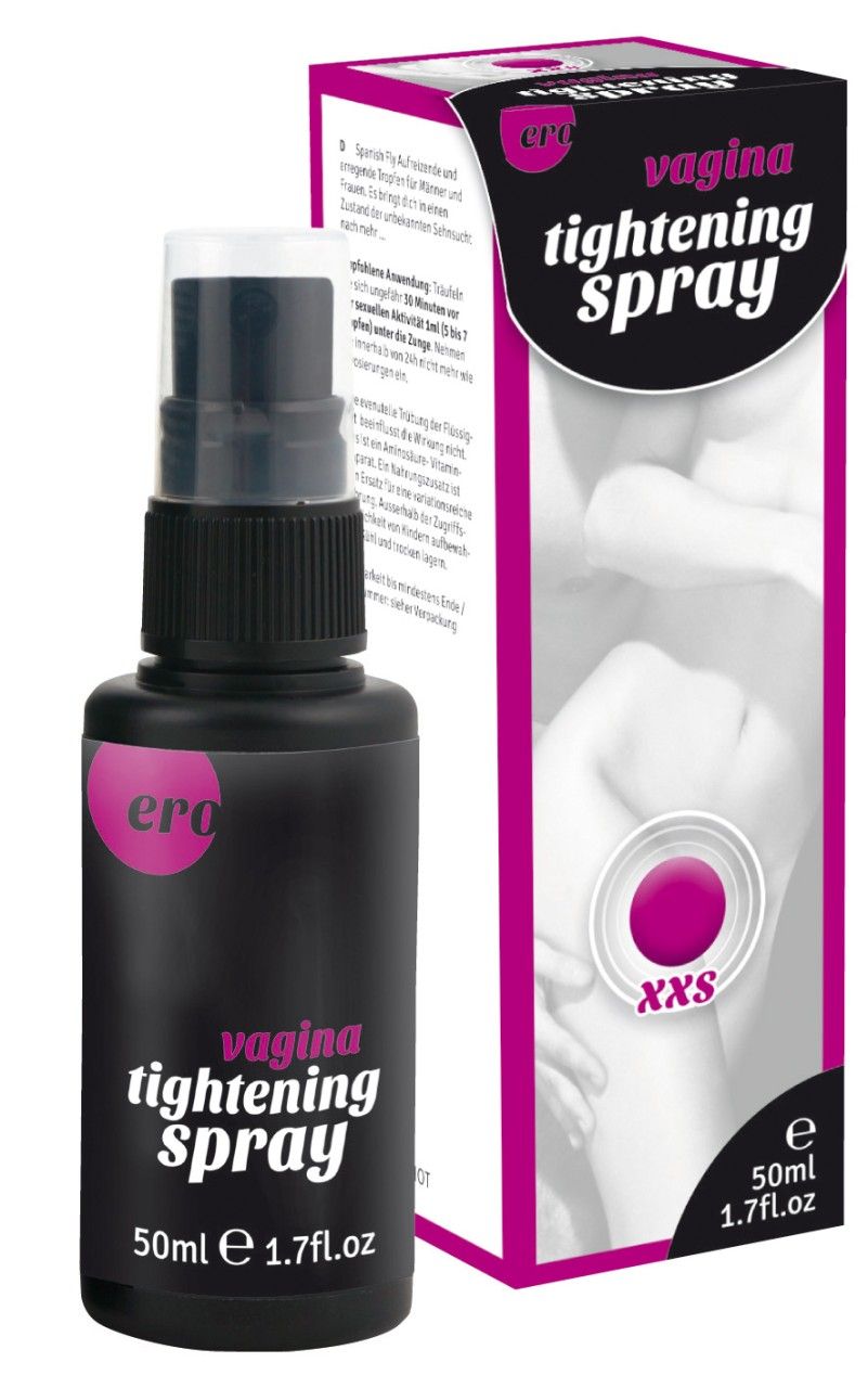 Ero Vagina Tightening Spray und Verpackung. Schwarze Flasche und rosa-weiße Schachtel. Enthält 50ml.