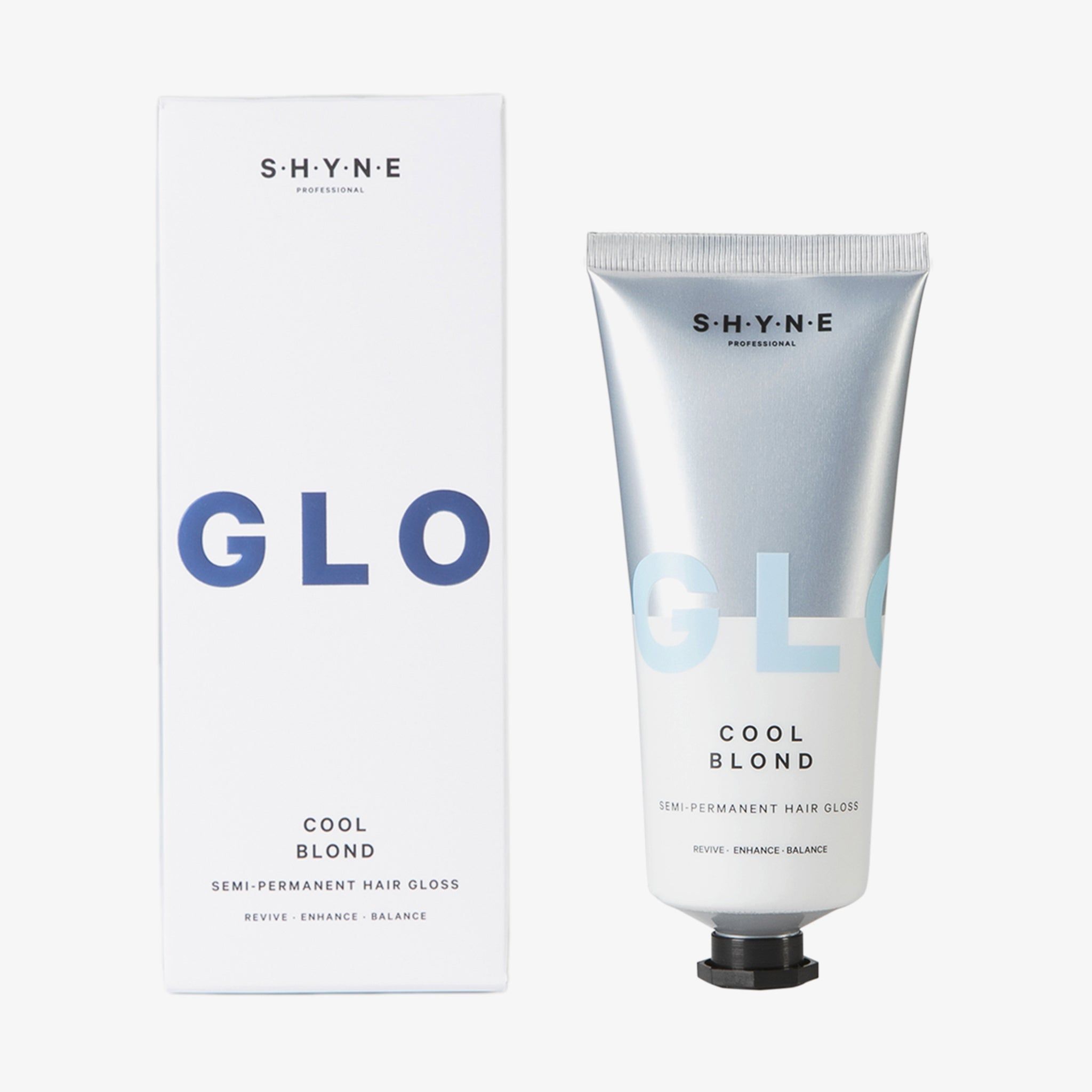 Produktverpackung mit Tube. Aufschrift: SHYNE, GLO, COOL BLOND. Produktbezeichnung: Semi-Permanent Hair Gloss. Weiße Verpackung.