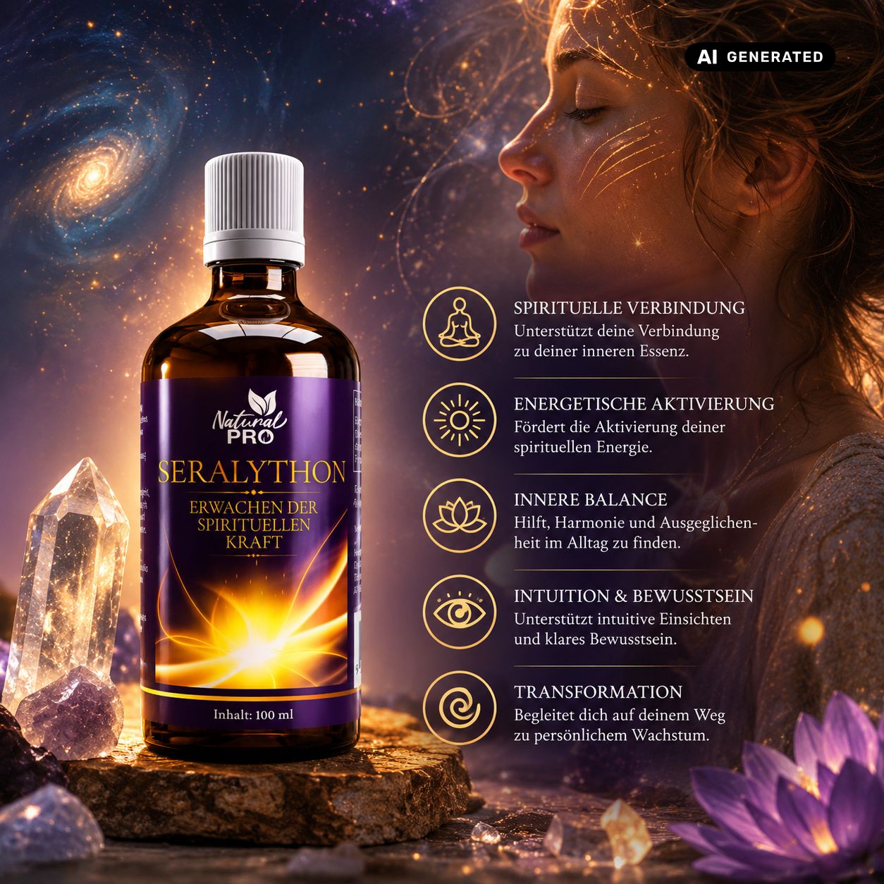 Braune Glasflasche mit lila Etikett, darauf "Natural PRO SERALYTHON". Daneben eine Frau mit geschlossenen Augen und spirituelle Symbole.