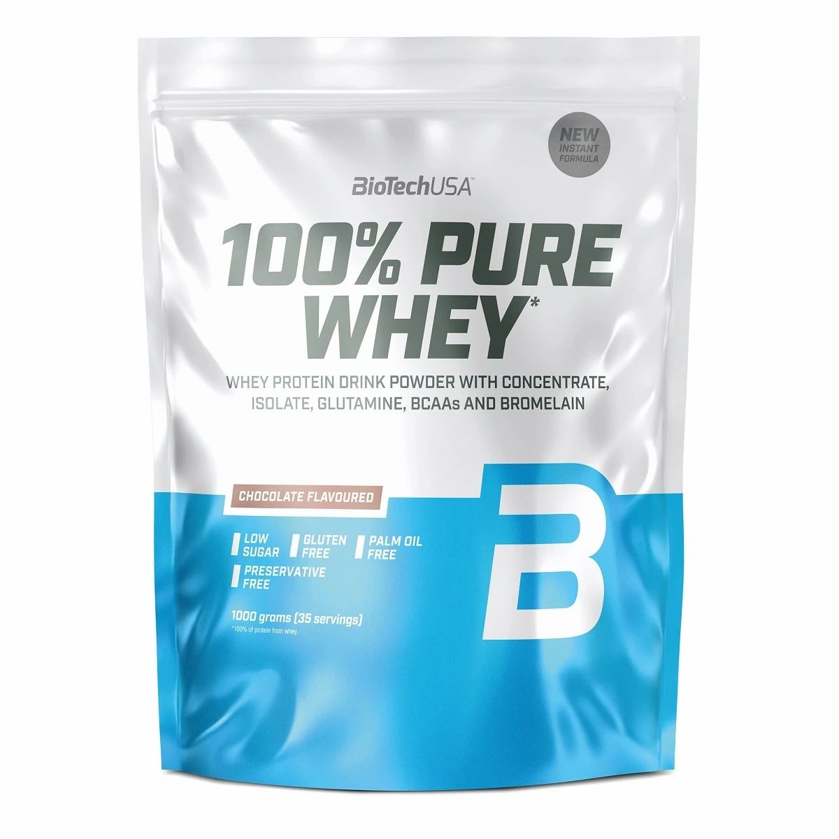 Beutel mit BiotechUSA 100% Pure Whey. Weiß und blau. Text: Chocolate Flavoured, 1000g, Protein Drink Powder.
