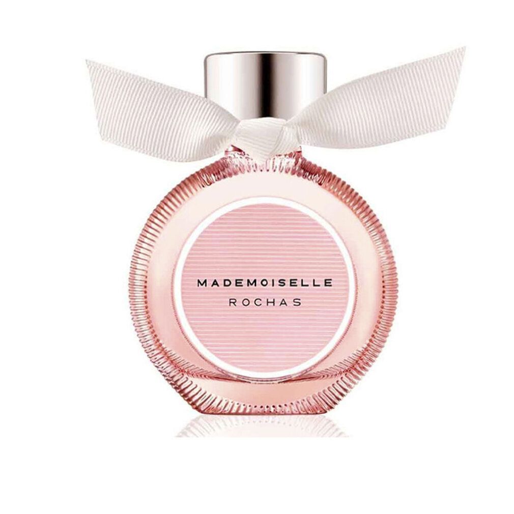 Runder Flakon mit rosa Flüssigkeit, silbernem Verschluss und weißer Schleife. Aufschrift: Mademoiselle Rochas.