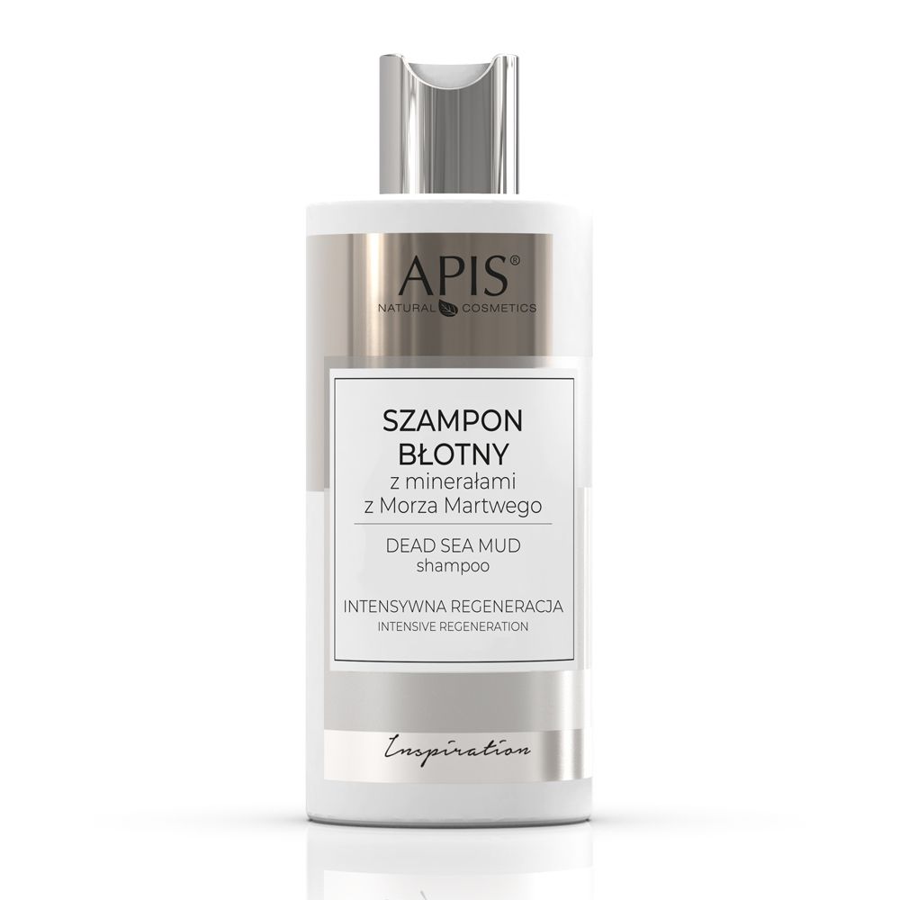 Weiße Shampoo-Flasche mit silbernem Verschluss. Etikett mit Produktnamen und Marke APIS. Text: Schlamm-Shampoo mit Mineralien.
