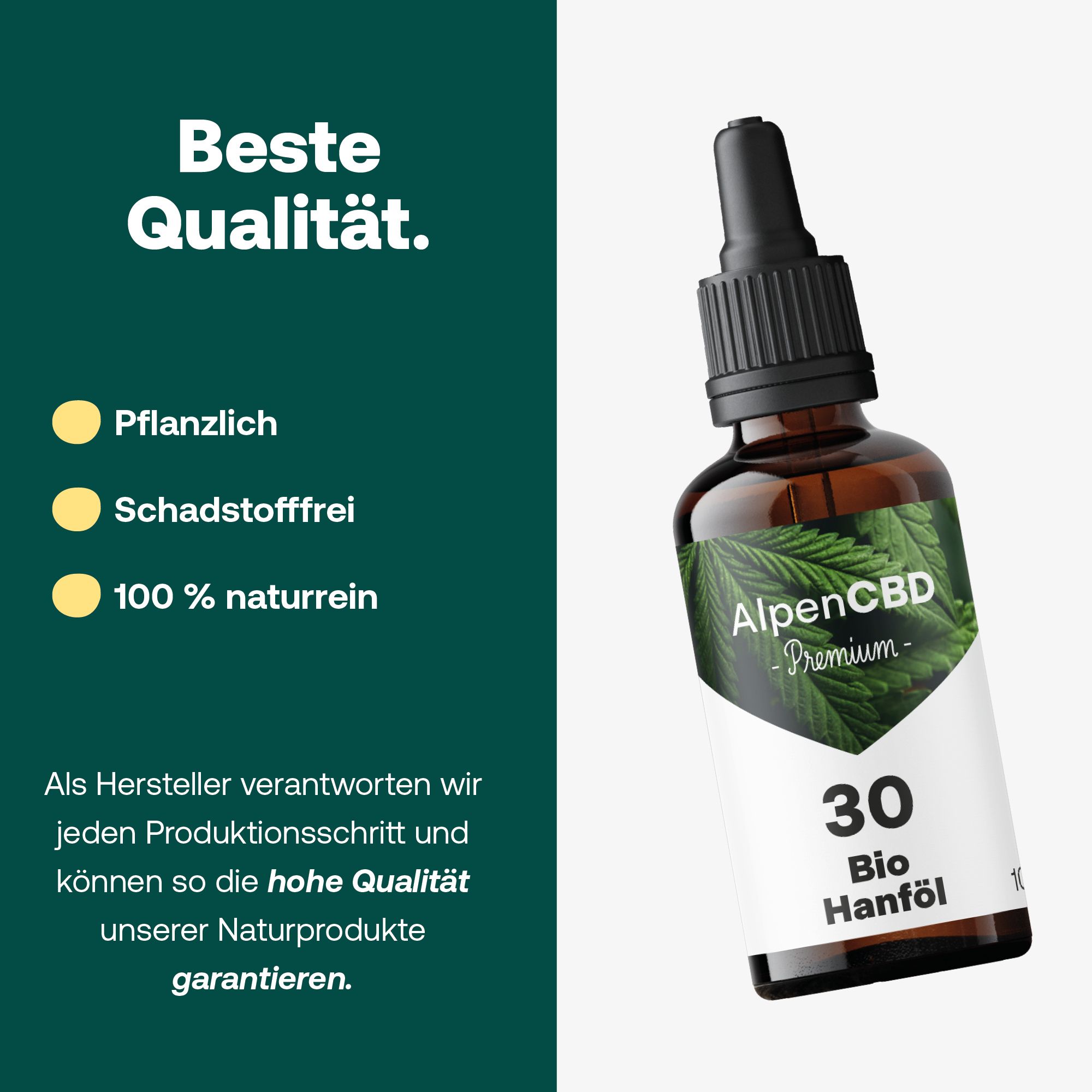 Braune Glasflasche mit Tropfer und Etikett. Auf dem Etikett steht AlpenCBD, 30 Bio Hanföl. Hintergrund: grüne Fläche mit Text.