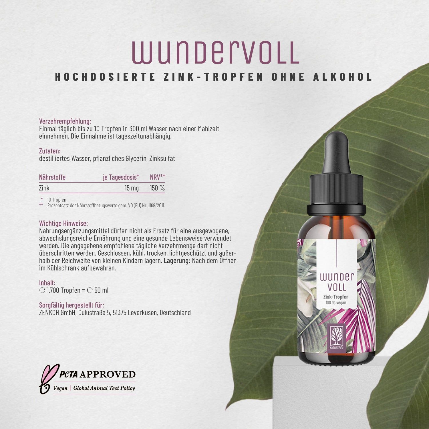 Zink Tropfen hochdosiert - alkoholfrei - aus bioverfügbarem Zink-Sulfat - Wundervoll - NATURTREU®