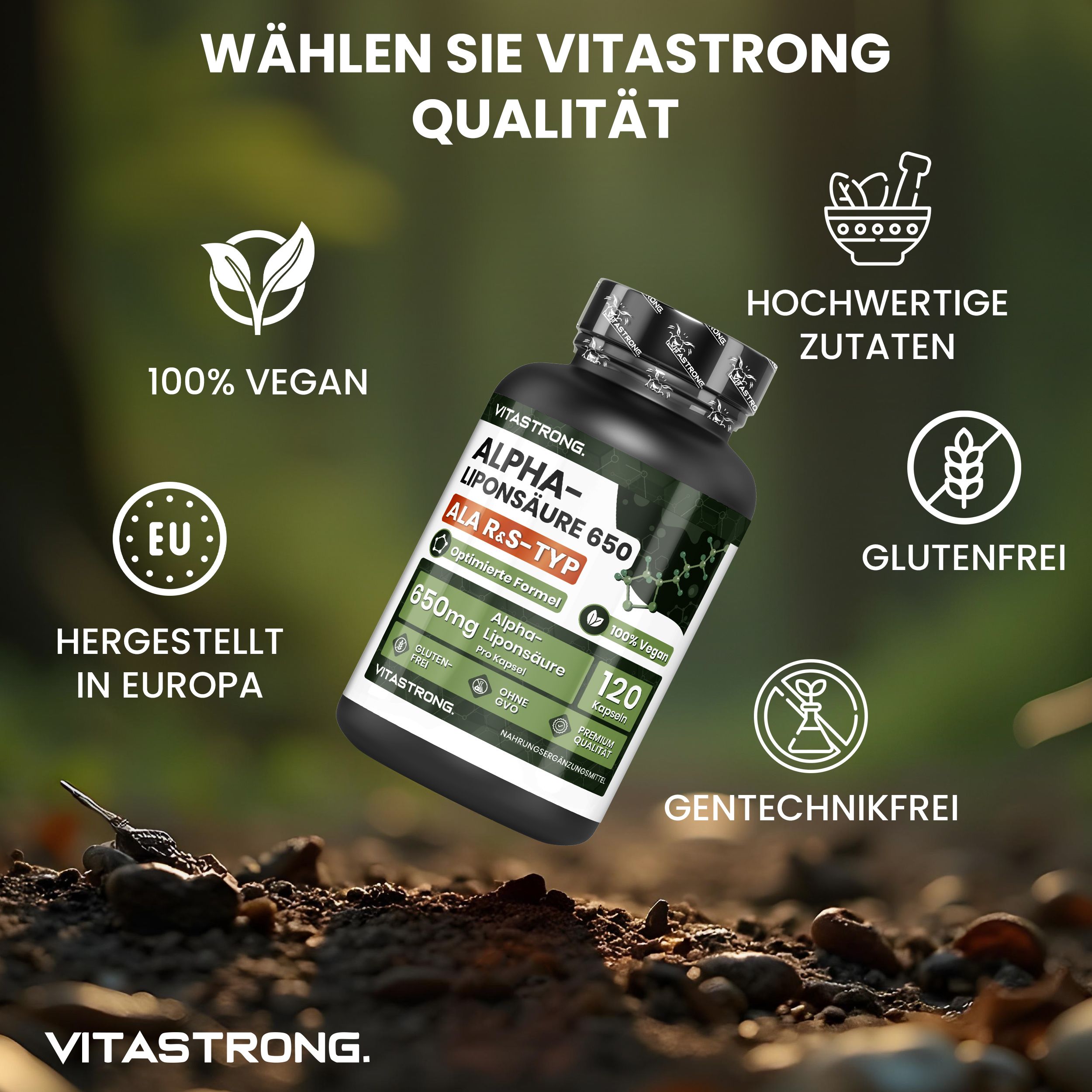 Dunkle Flasche mit Kapseln. Text: Alpha-Liponsäure 650, ALA R&S, 120 Kapseln. Vegan.