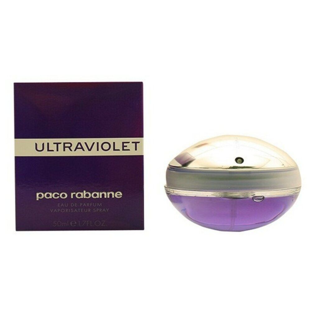 Violetter Flakon mit silbernem Deckel und Verpackung. Auf der Verpackung steht "ULTRAVIOLET" und "paco rabanne".