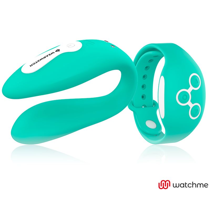 Türkisfarbenes Wearwatch-Produkt mit Armband. Das Wearwatch-Produkt hat eine geschwungene Form. Das Armband hat Knöpfe.