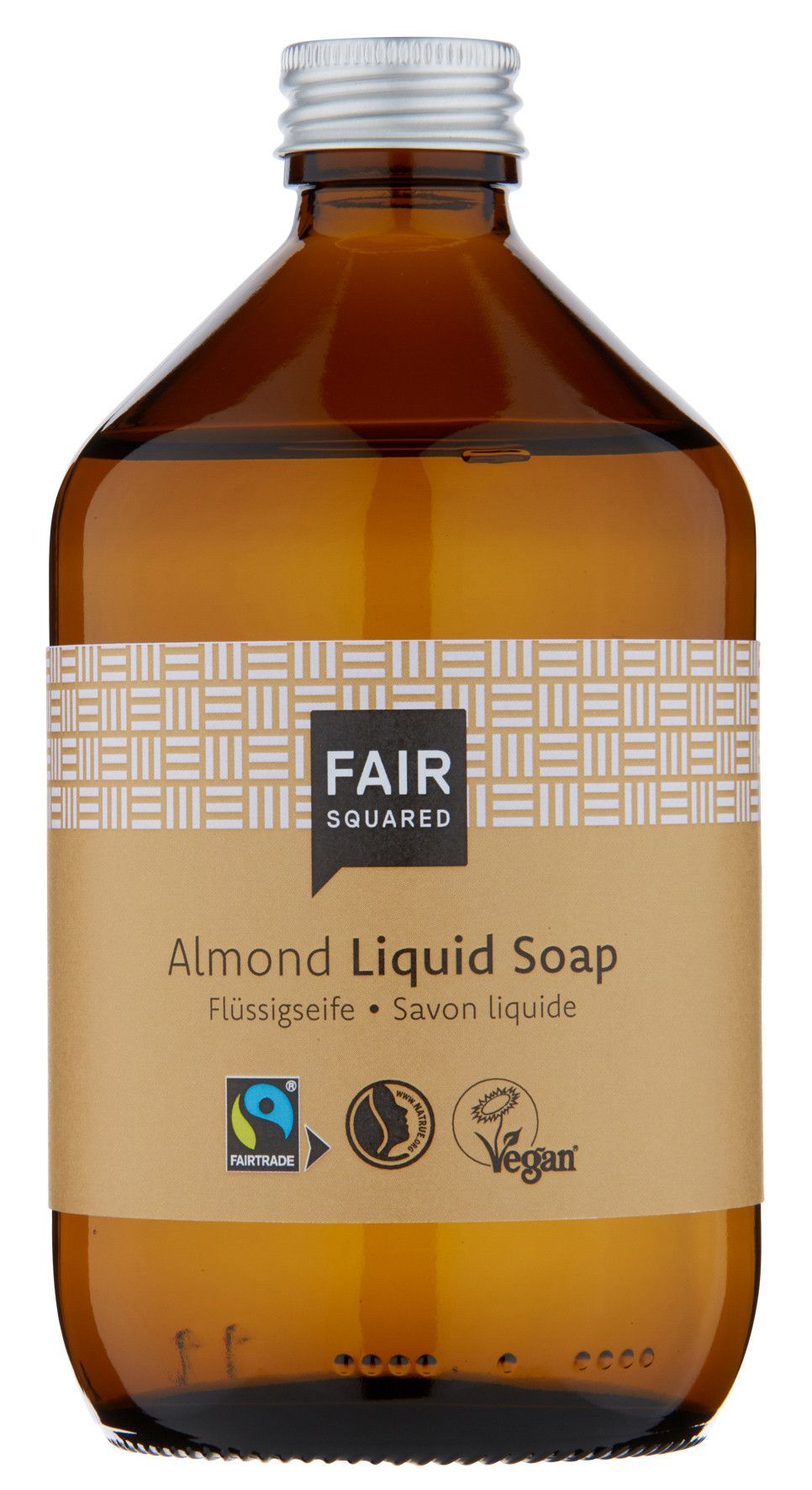 Braune Glasflasche mit silbernem Deckel. Etikett mit FAIR SQUARED Logo, Produktname und Siegeln. Vegan.