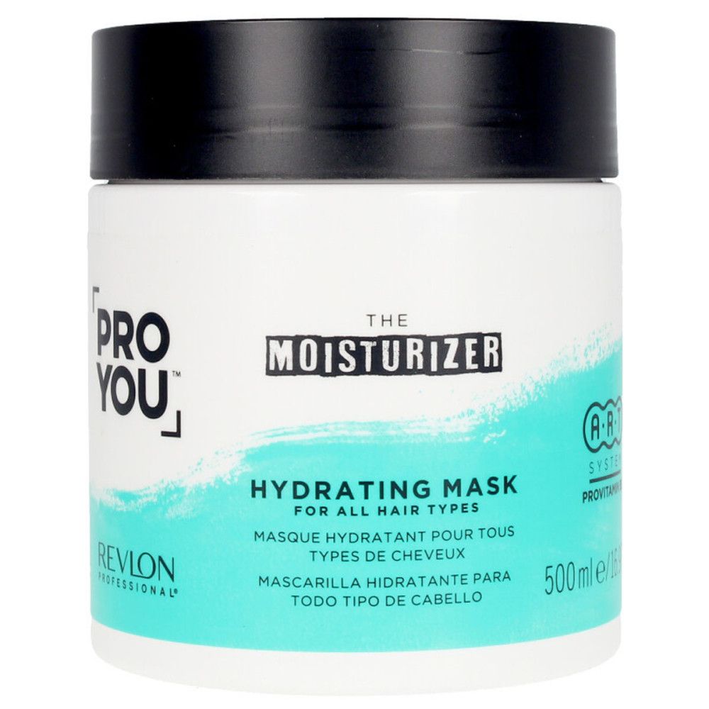Weißer Tiegel mit schwarzem Deckel. Aufschrift: PRO YOU, THE MOISTURIZER, HYDRATING MASK. Revlon Professional. 500ml.
