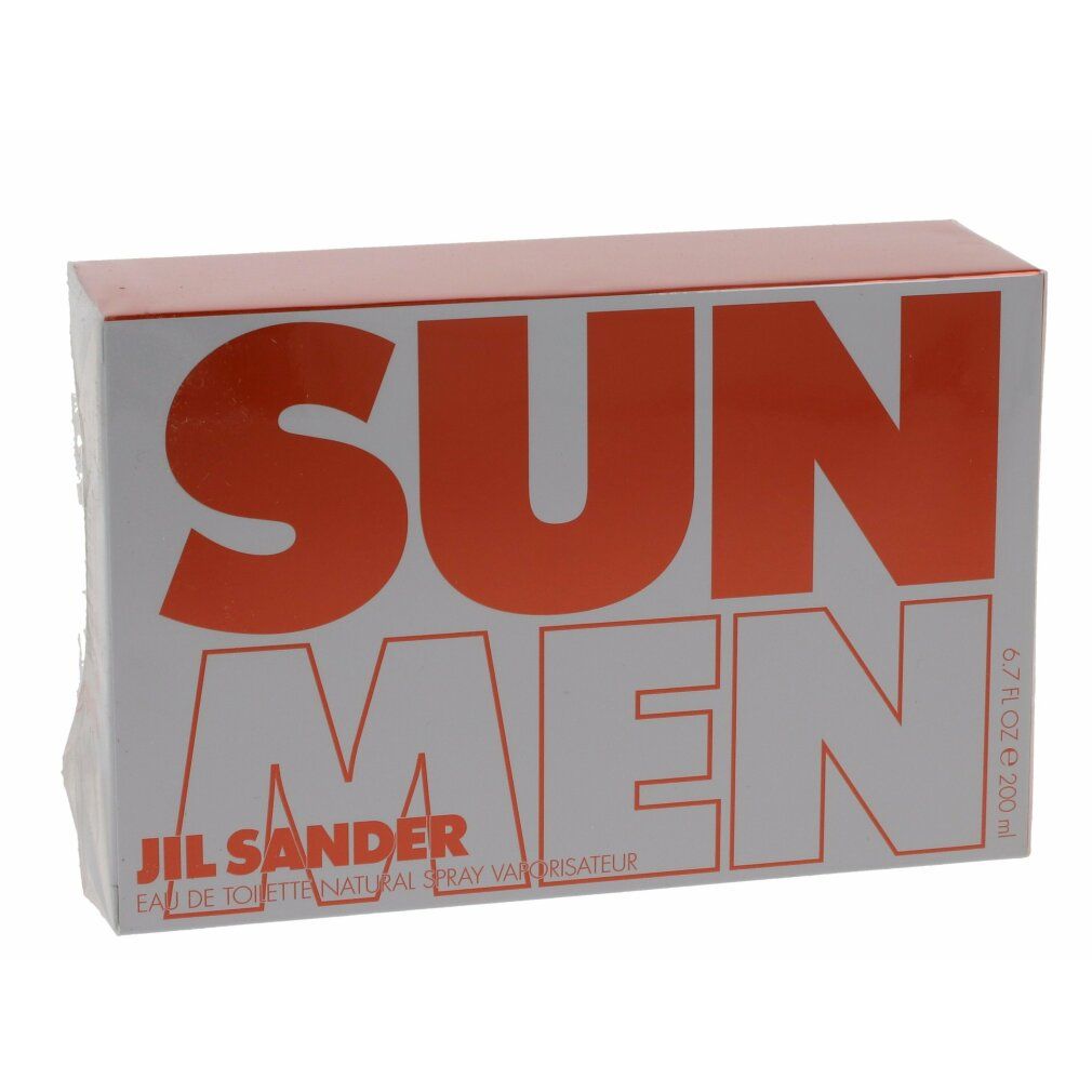 Weißer Karton mit orangefarbenem SUN MEN-Schriftzug. Jil Sander-Logo unten. Text: Eau de Toilette Natural Spray Vaporisateur.