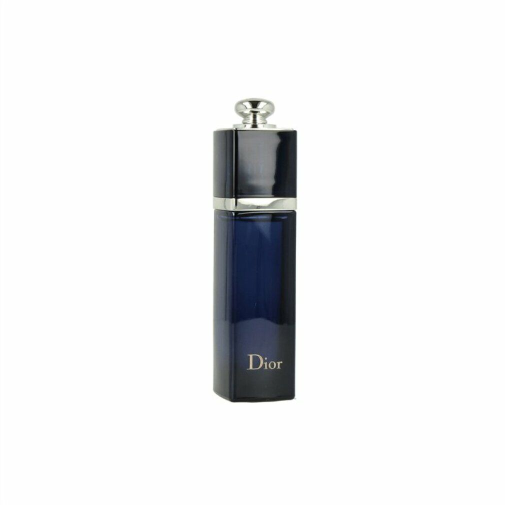 Dior Addict Eau de Parfum Flakon. Dunkelblauer Flakon mit silbernem Deckel. Aufschrift Dior.