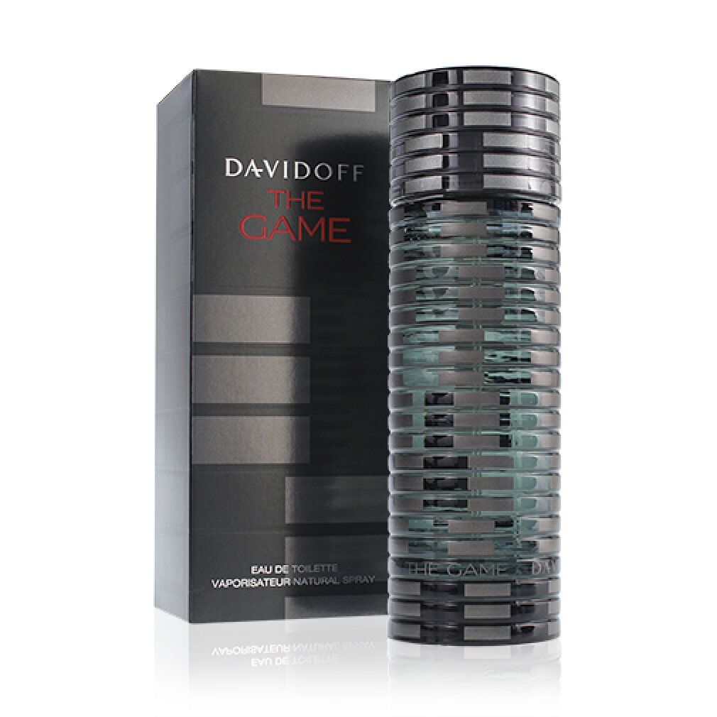 Davidoff The Game Eau de Toilette Spray. Flakon und Verpackung. Zylindrischer Flakon mit schwarzem Deckel. Schwarze Verpackung mit Logo.