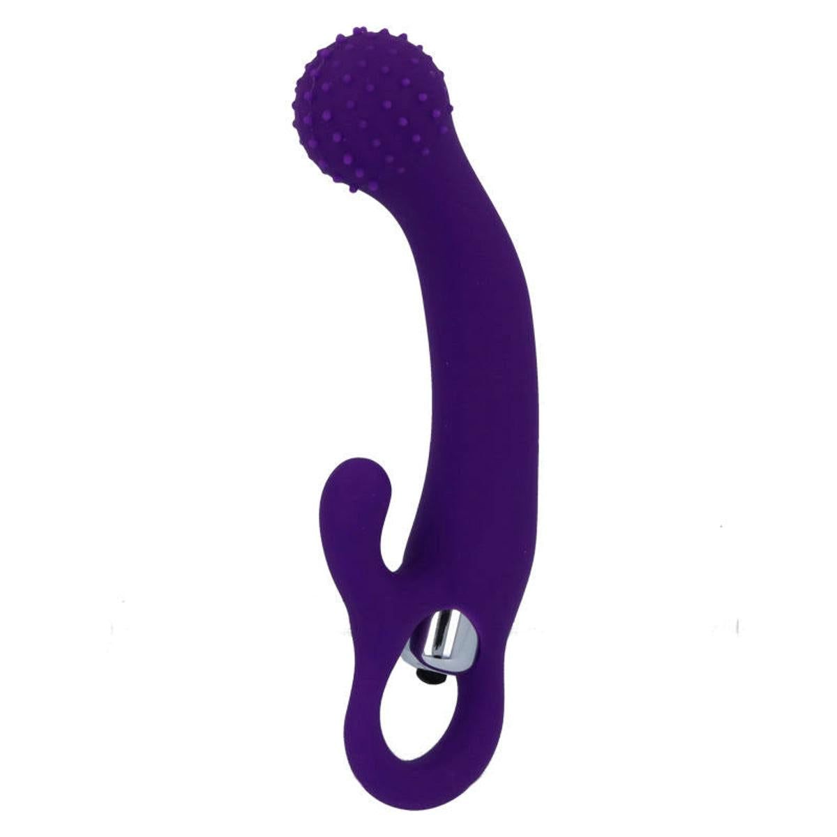 Lila Vibrator mit geriffelter Spitze und gebogener Form. Mit Ring am Ende und silberfarbenem Knopf.