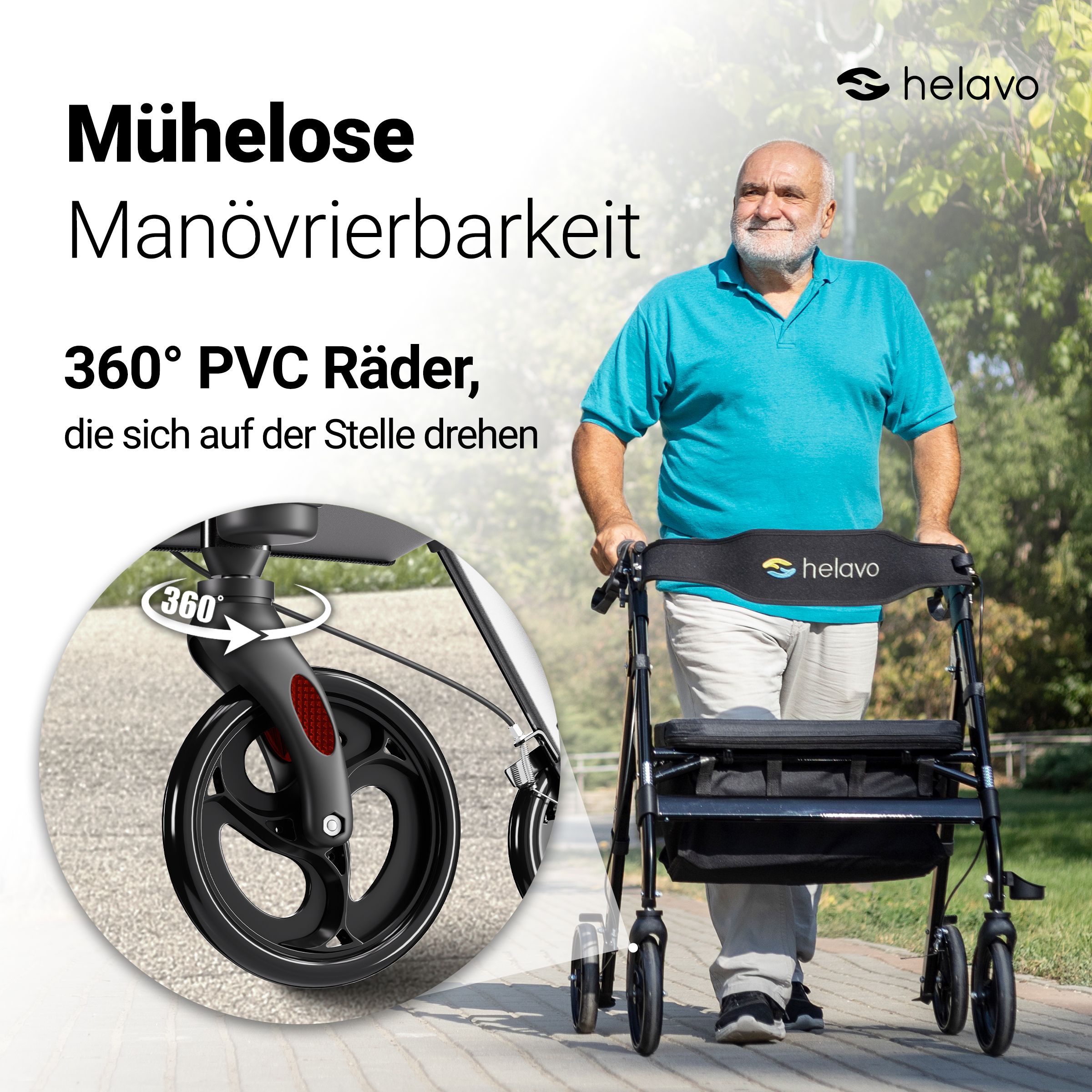 Helavo Rollator extra breit, faltbarer, mit höhenverstellbarem Sitz, bis 226 kg