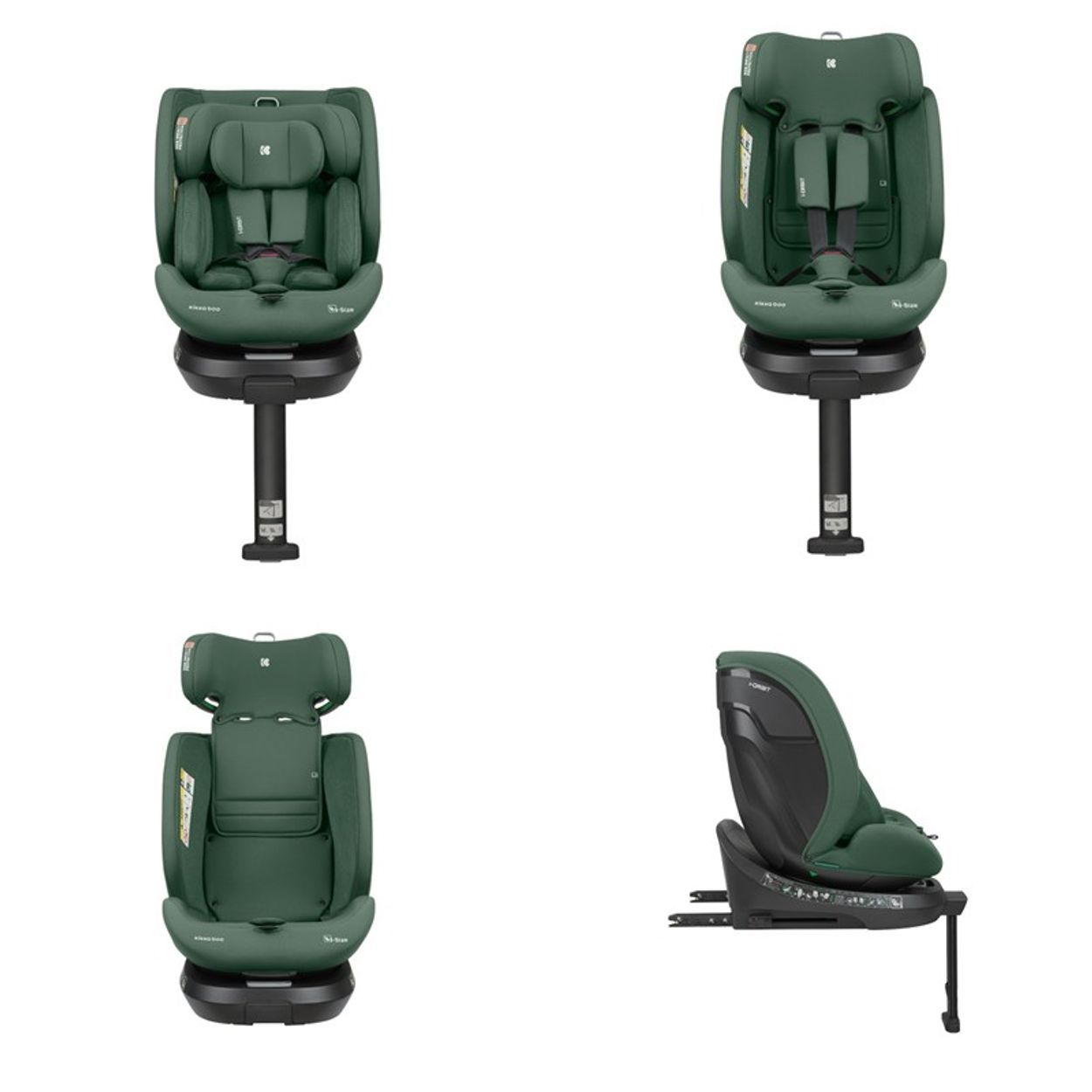 Vier Ansichten eines grünen Kindersitzes mit schwarzem Sockel und ISOFIX-Befestigung.