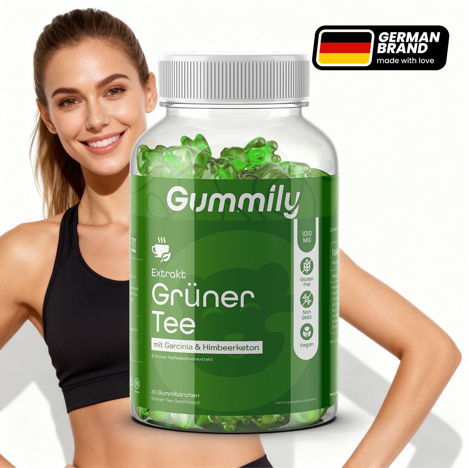 Grüner Tee Gummibärchen in Dose. Frau lächelt. Deutsches Markenlogo.