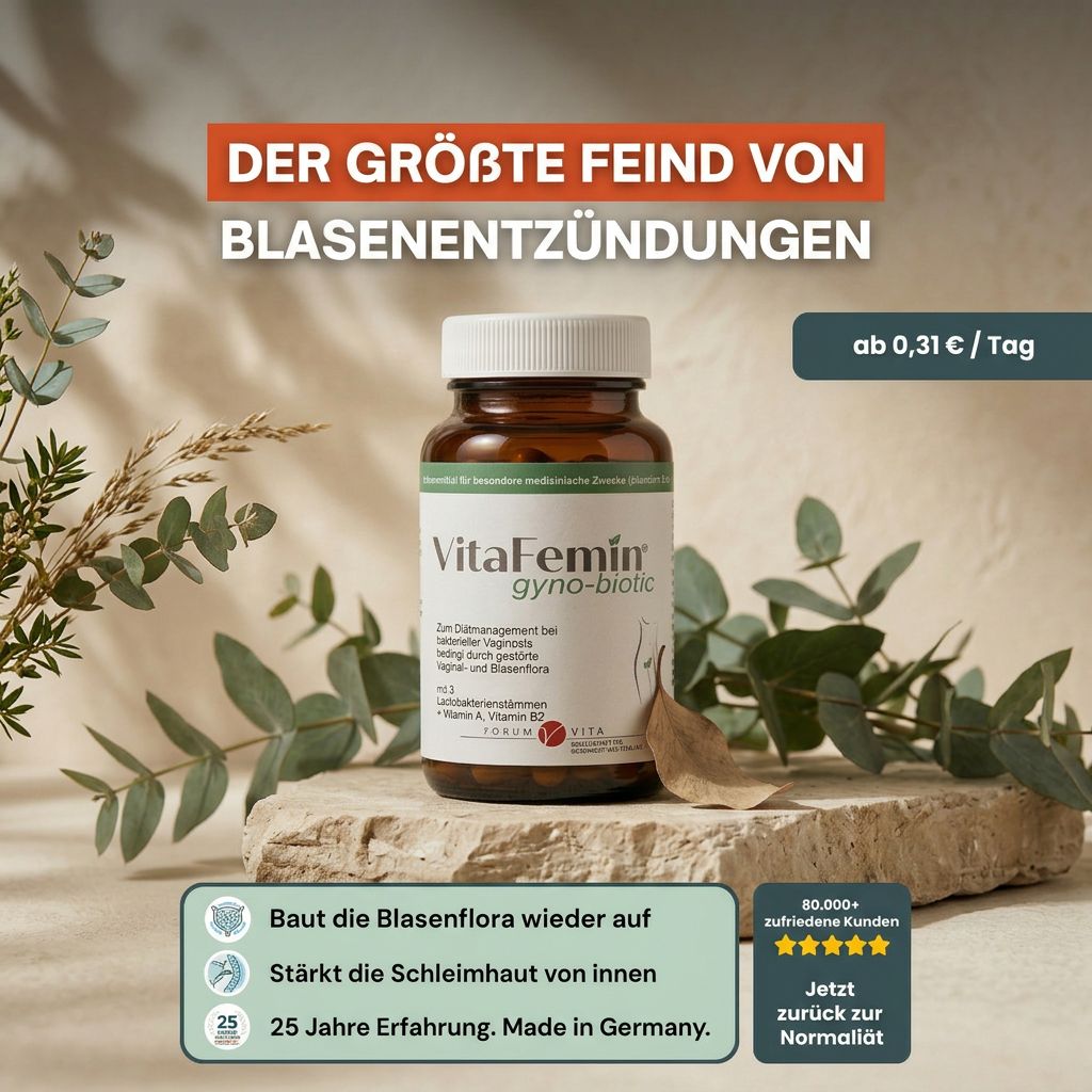 VitaFemin gyno-biotic Flasche auf Steinpodest, umgeben von Pflanzen. Text: "Der größte Feind von Blasenentzündungen".