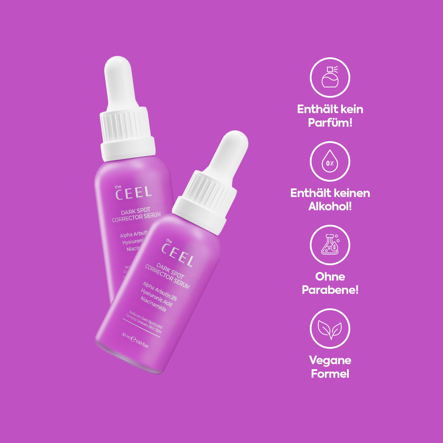 Zwei lila Flaschen des THE CEEL Anti Dark Spot Corrector Serums, daneben Symbole für parfümfrei, alkoholfrei, parabenfrei und vegan.