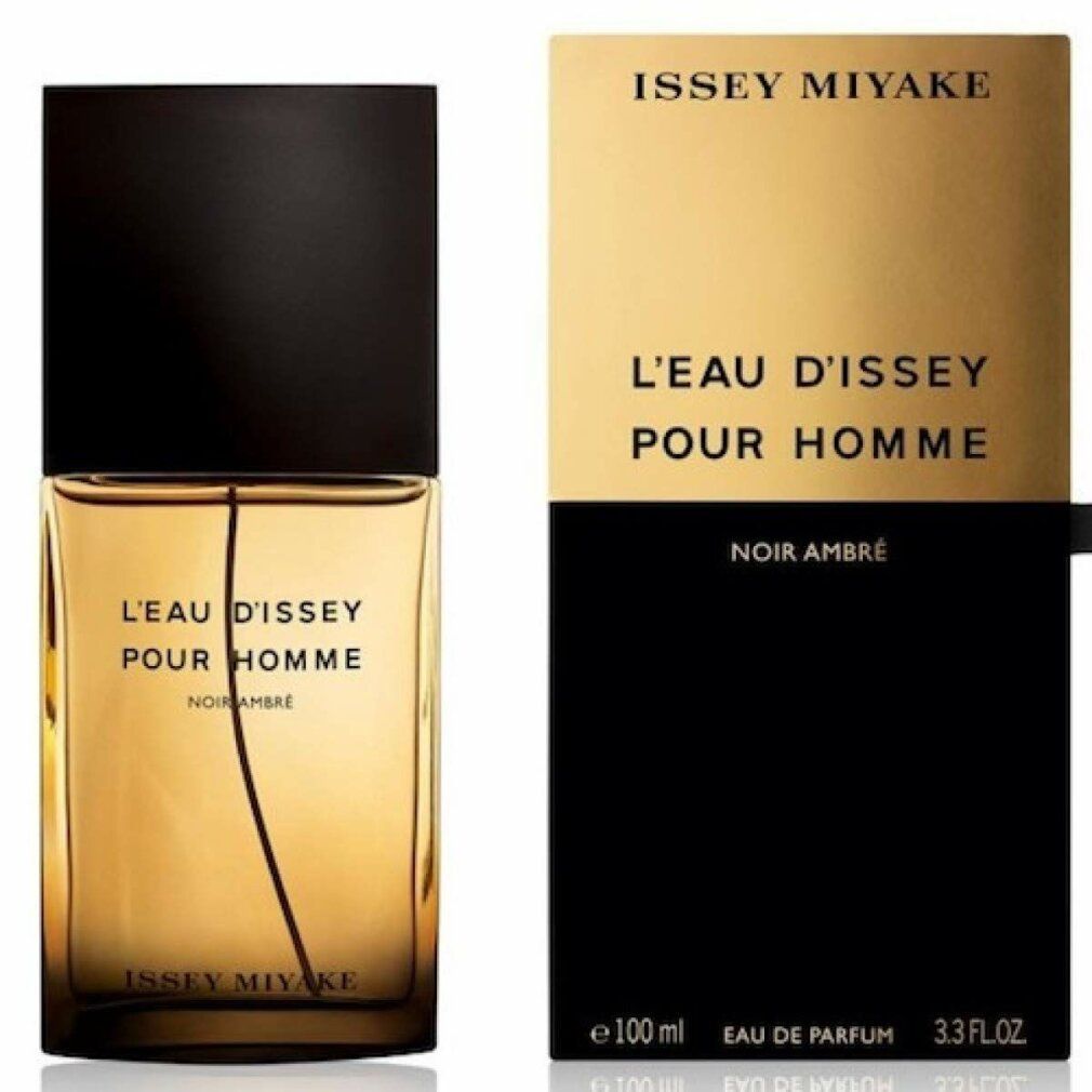 Flakon und Verpackung. Flakon: goldfarbenes Glas, schwarzer Deckel. Verpackung: ISSEY MIYAKE, L'EAU D'ISSEY POUR HOMME, NOIR AMBRE, 100 ml, Eau de Parfum.