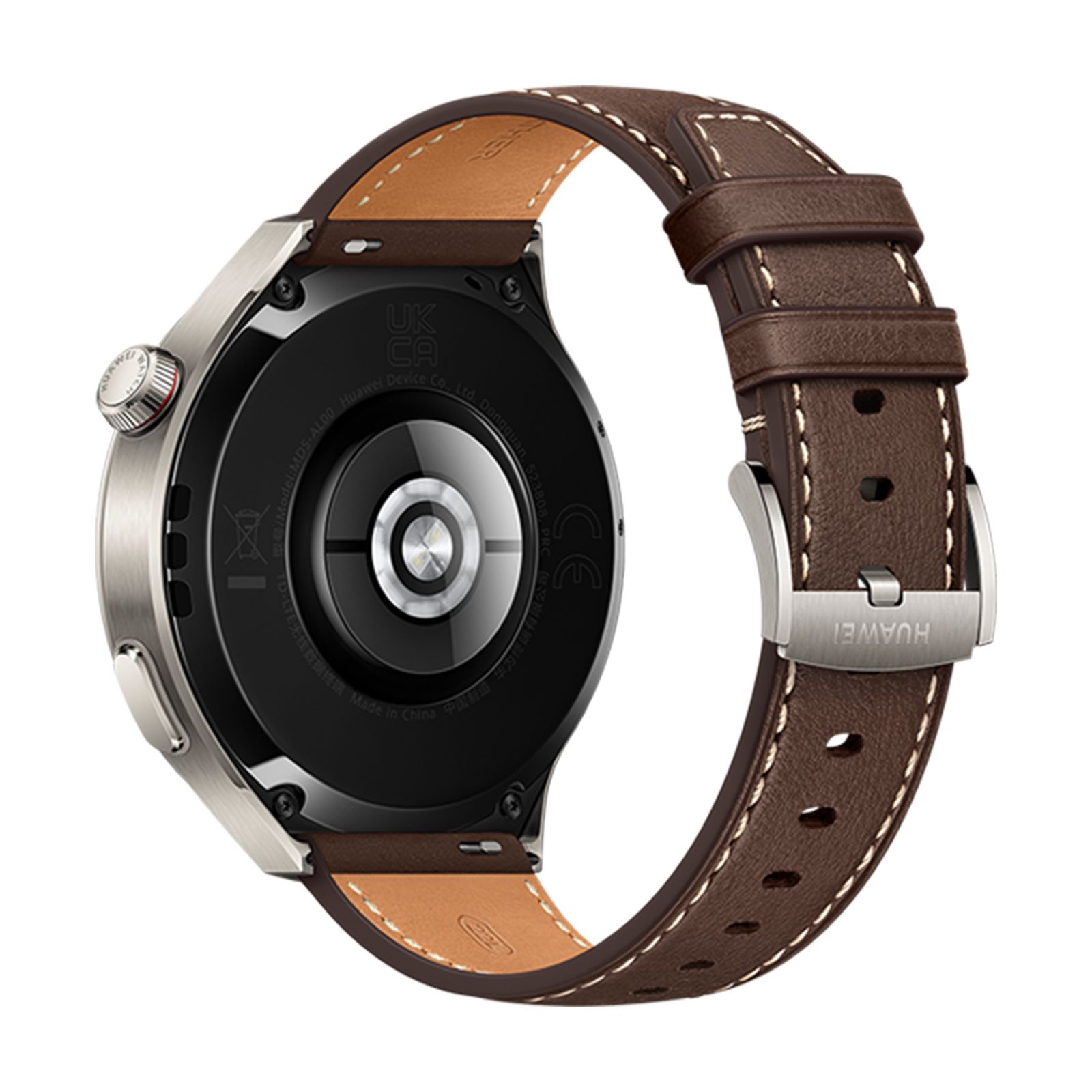 Rückseite der Smartwatch mit braunem Lederarmband. Runde Form, Sensoren und Markierungen. Gehäuse silberfarben, Lederband sichtbar.