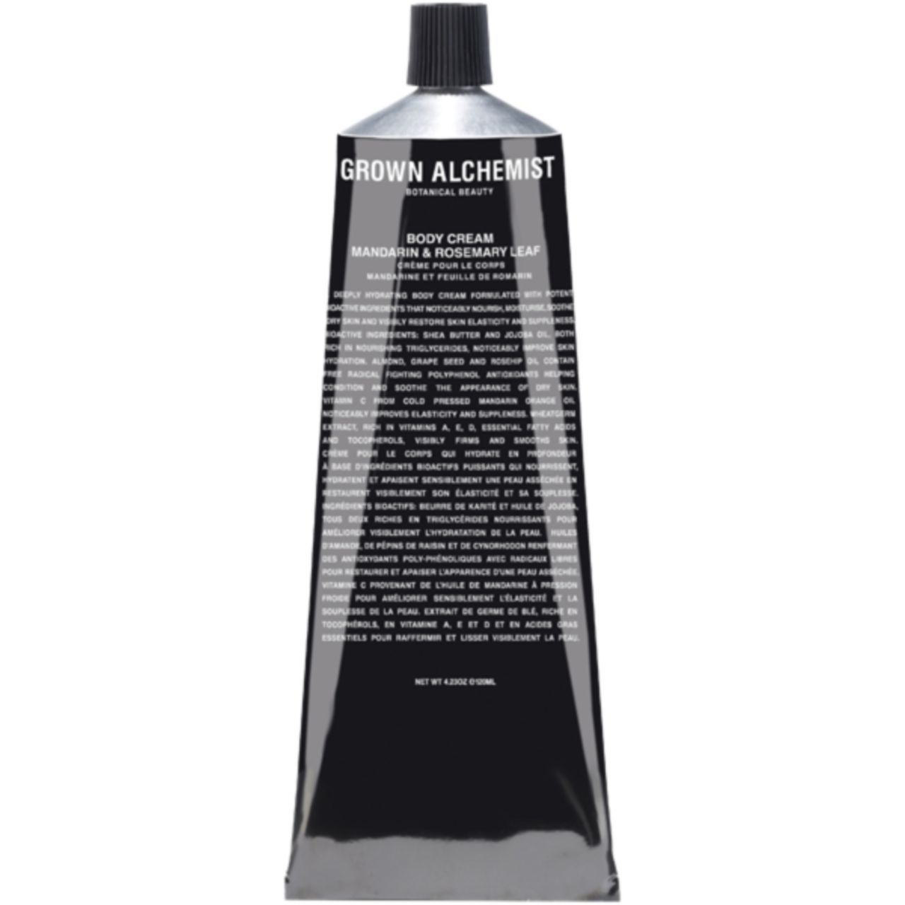 Schwarze Tube mit schwarzem Deckel. Aufschrift: Grown Alchemist, Body Cream, Mandarin & Rosemary Leaf.