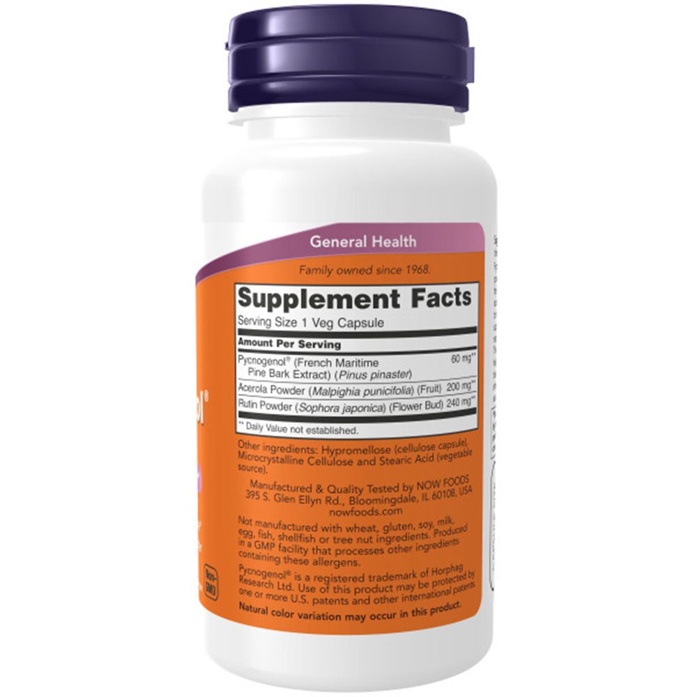 Rückseite der Flasche. Aufschrift: Supplement Facts. Enthält Inhaltsstoffe wie Pycnogenol, Acerola-Pulver und Rutin-Pulver. Marke: NOW.