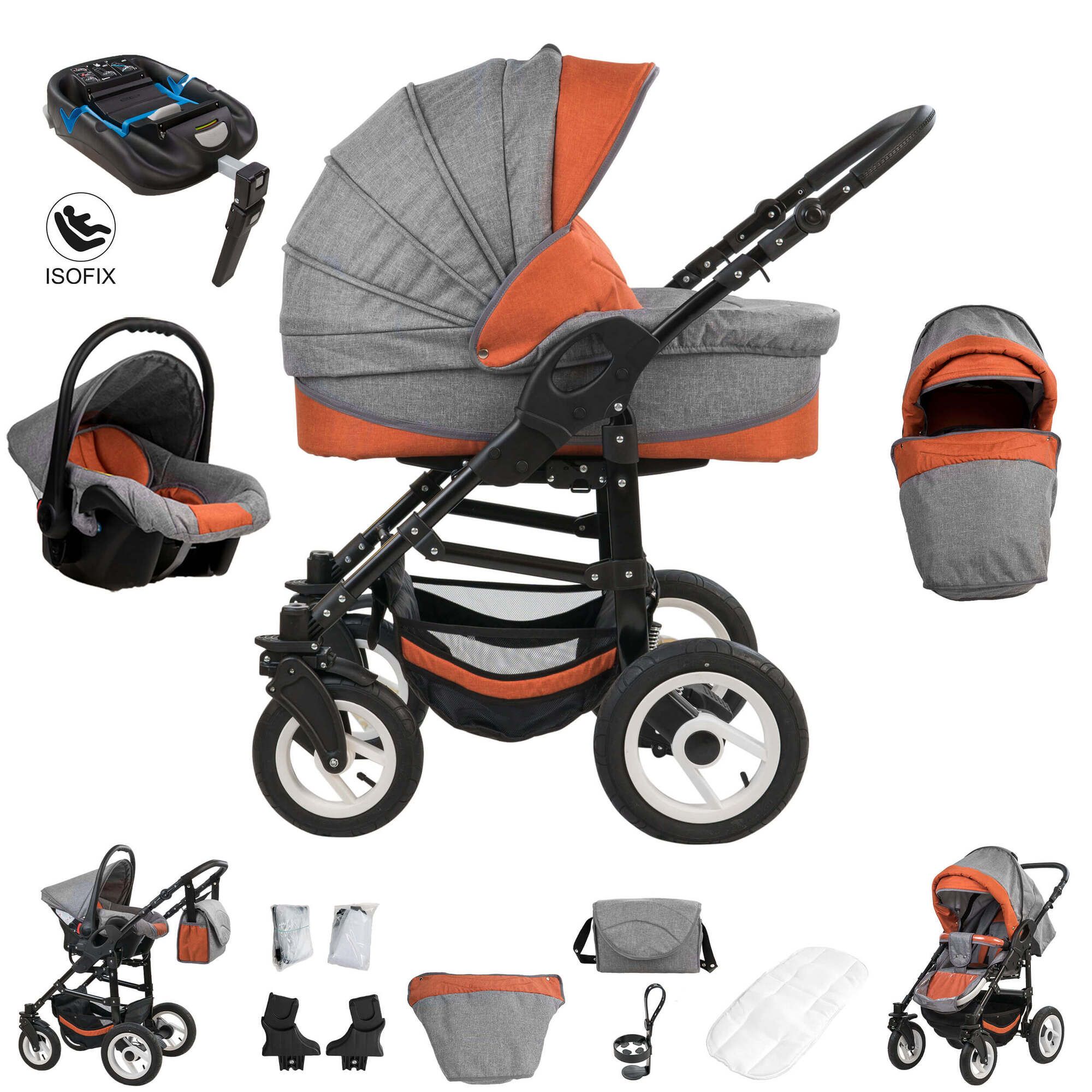 Kinderwagen-Komplettset mit ISOFIX-Basis, Luftreifen, grau-orange. Enthält Babywanne, Sportsitz, Babyschale und Zubehör.