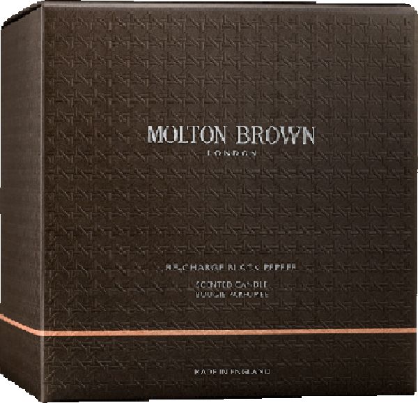 Braune Verpackung. Aufschrift: Molton Brown London, Re-Charge Black Pepper, Scented Candle, Made in England.