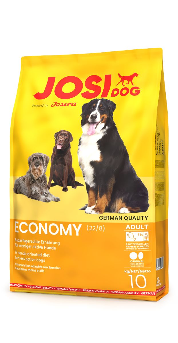 JosiDog Economy Hundefutter-Sack, gelb, mit drei Hunden und Produktinformationen.