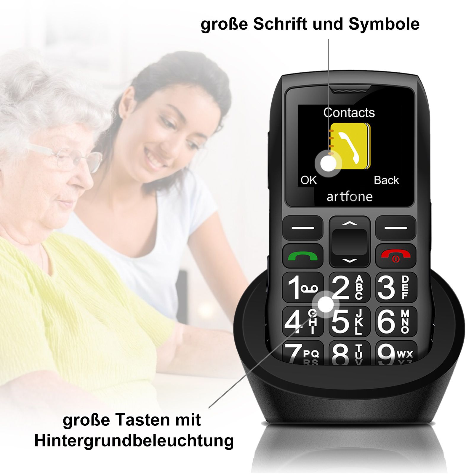 artfone C1+ 4G Seniorenhandy | SOS-Taste, Ladestation, Bluetooth, Kamera, USB-C, Großtasten | Robust