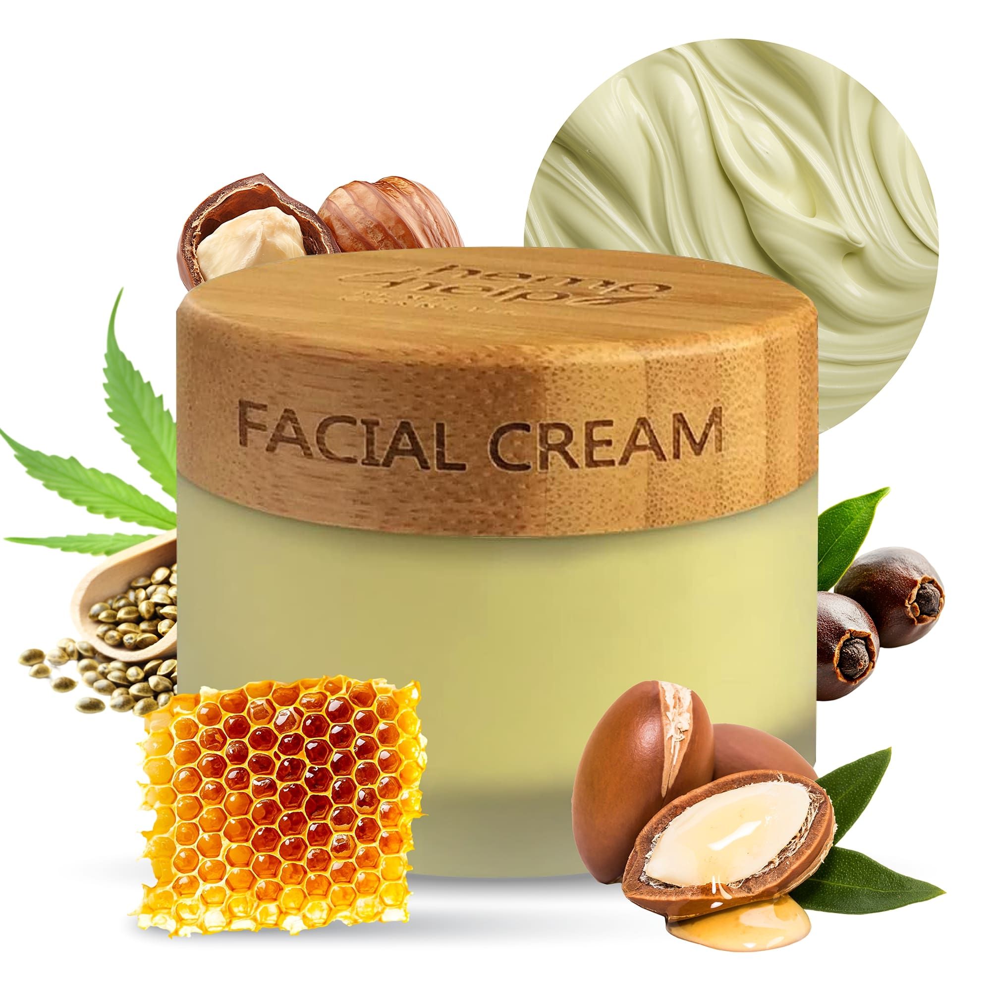 Creme-Tiegel mit Holzdeckel. Aufschrift: Facial Cream. Inhaltsstoffe: Hanfsamen, Honigwabe, Arganöl, Jojobaöl.