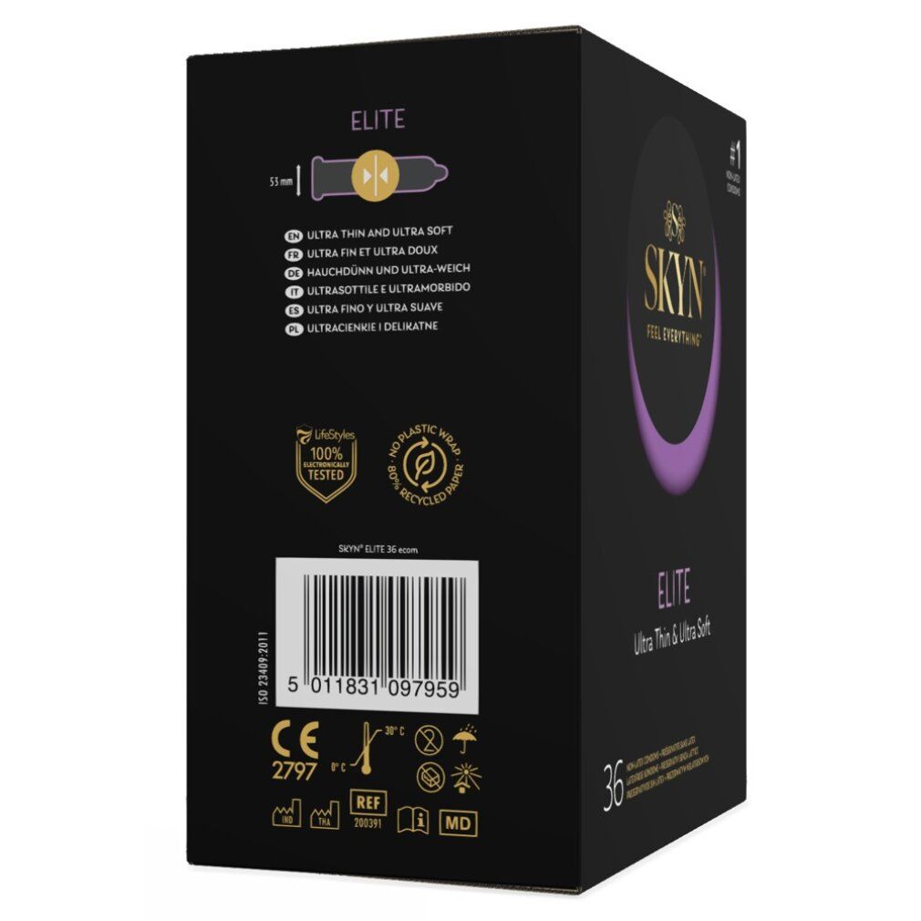 Rückseite der Verpackung mit SKYN Elite Kondomen. Enthält Informationen zu Größe, Inhaltsstoffen und Zertifizierungen.