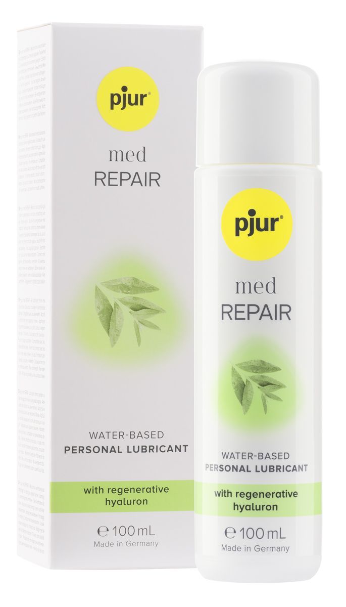 pjur med Repair, Flasche und Verpackung. Weiße Flasche mit gelbem Etikett. Grüne Blätter. Text: Wasserbasiertes Gleitmittel mit Hyaluron.