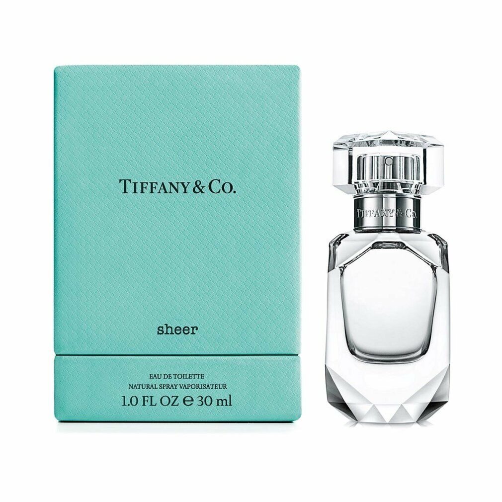 Türkisfarbene Schachtel und Parfumflakon. Auf der Schachtel steht "Tiffany & Co. sheer". Der Flakon ist transparent.