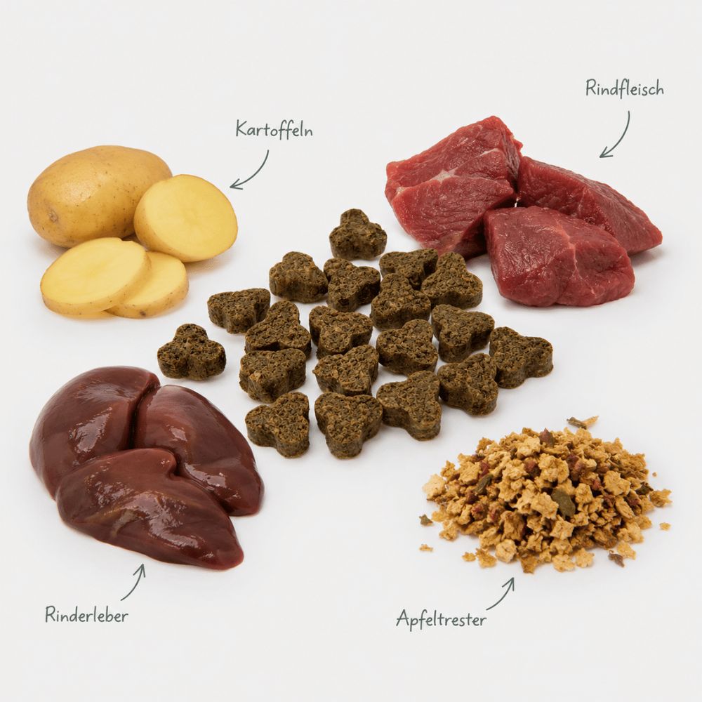 Zutaten für Hundeleckerlis: Rindfleisch, Rinderleber, Kartoffeln, Apfeltrester und herzförmige Leckerlis.