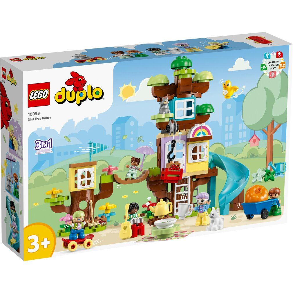 LEGO Duplo 3-in-1-Baumhaus-Set. Baumhaus mit Rutsche, Figuren und Zubehör. Verpackung im Hintergrund.
