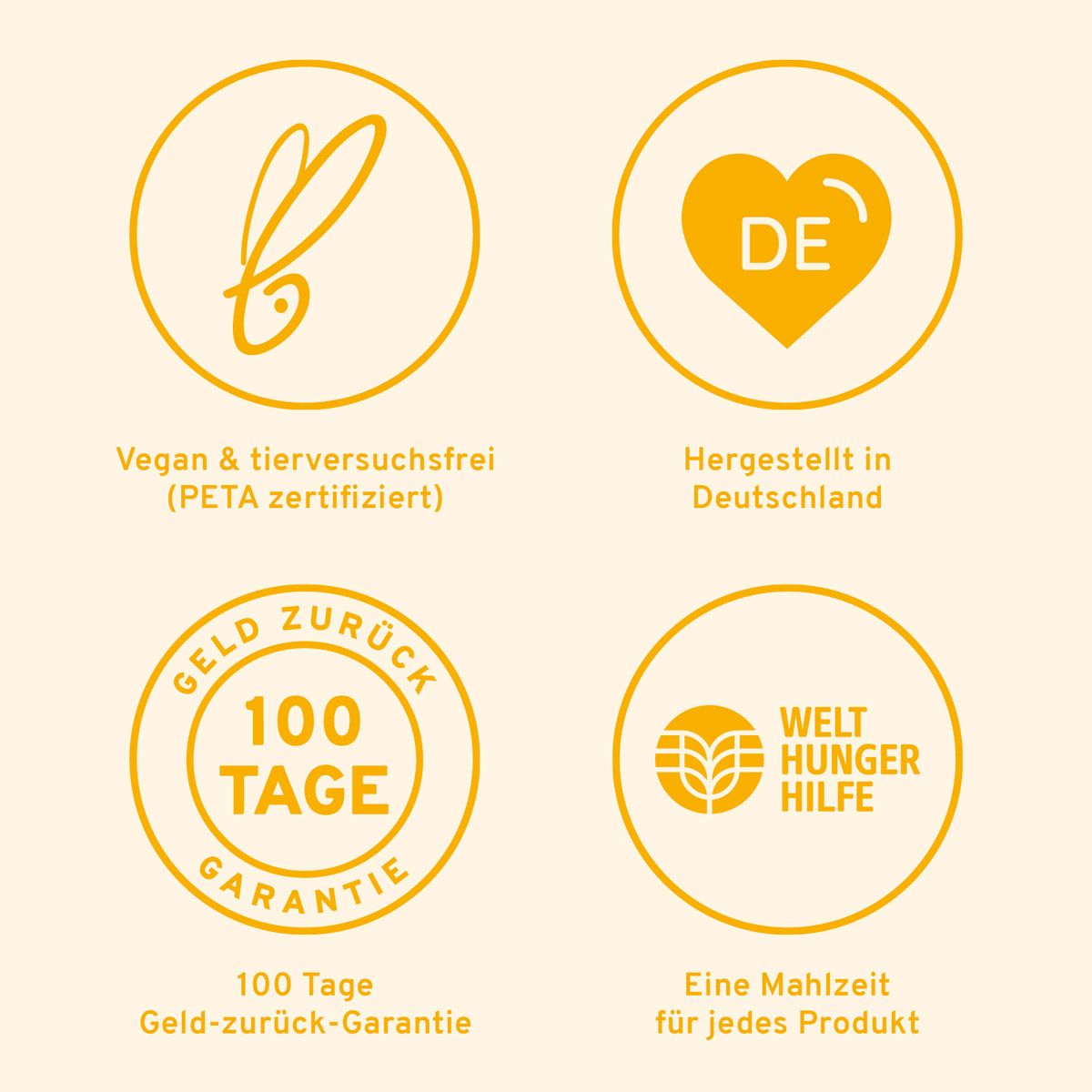Kreisförmige Logos: Vegan, hergestellt in Deutschland, Geld-zurück-Garantie, Welthungerhilfe.
