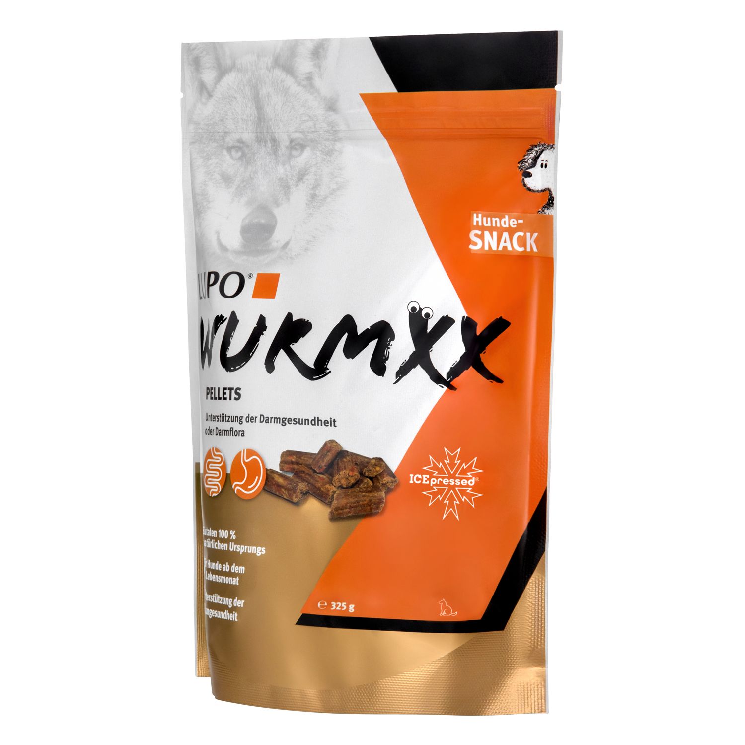 Beutel LUPO WURMXX Pellets. Orange-weißes Design mit Wolf-Illustration. Text: Unterstützung der Darmgesundheit. 325g.