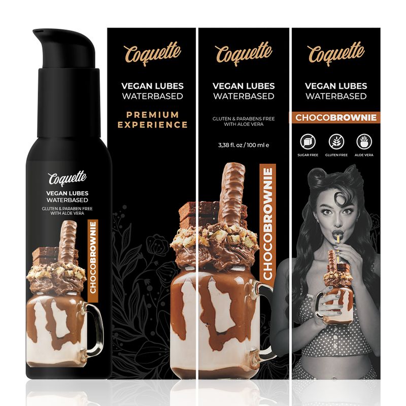 Produkt mit Verpackung. Schwarze Flasche und Verpackung. Aufschrift: Coquette, Vegan Lubes Waterbased, ChocoBrownie. Abbildung eines Milchshakes.