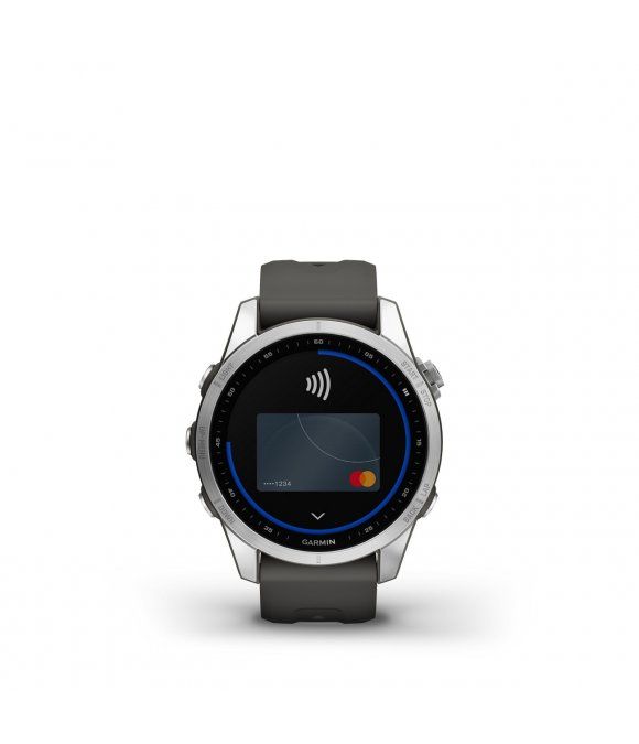 Smartwatch mit grauem Armband und silbernem Gehäuse. Auf dem Display ist eine Kreditkarte mit Mastercard-Logo abgebildet. Das Garmin-Logo ist sichtbar.