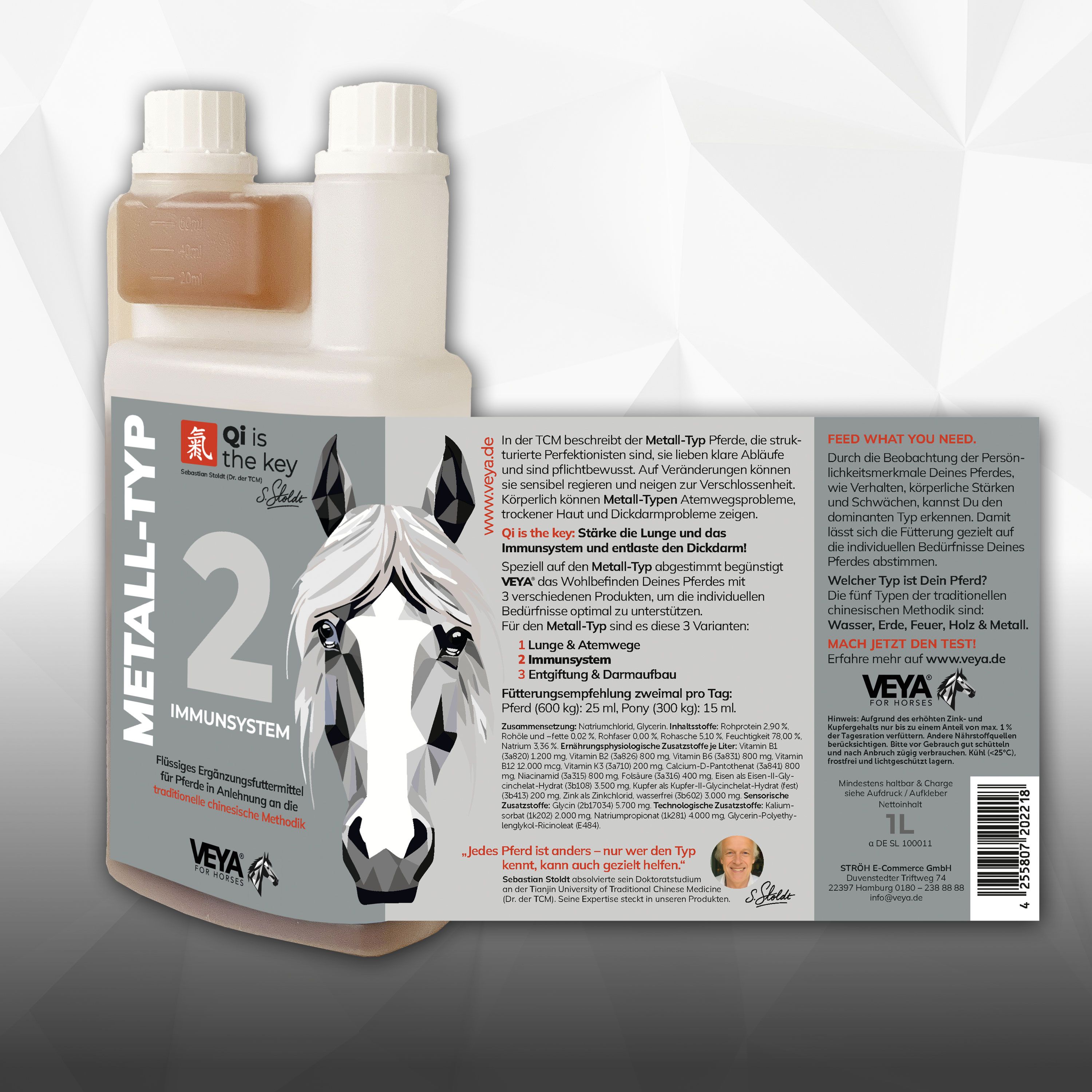 Flasche VEYA METALL-TYP 2 Immunsystem. Weißer Behälter mit brauner Flüssigkeit. Pferdekopf-Illustration. Text: METALL-TYP 2, Immunsystem. Etikett mit Text.