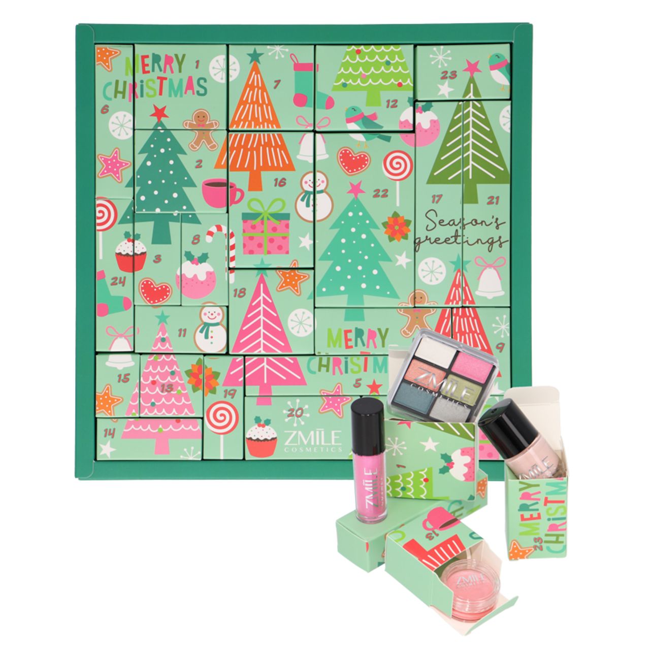 Adventskalender mit Kosmetikprodukten. Grün mit Weihnachtsmotiven. Enthält Lidschatten, Nagellack und Lipgloss. ZMILE Cosmetics.
