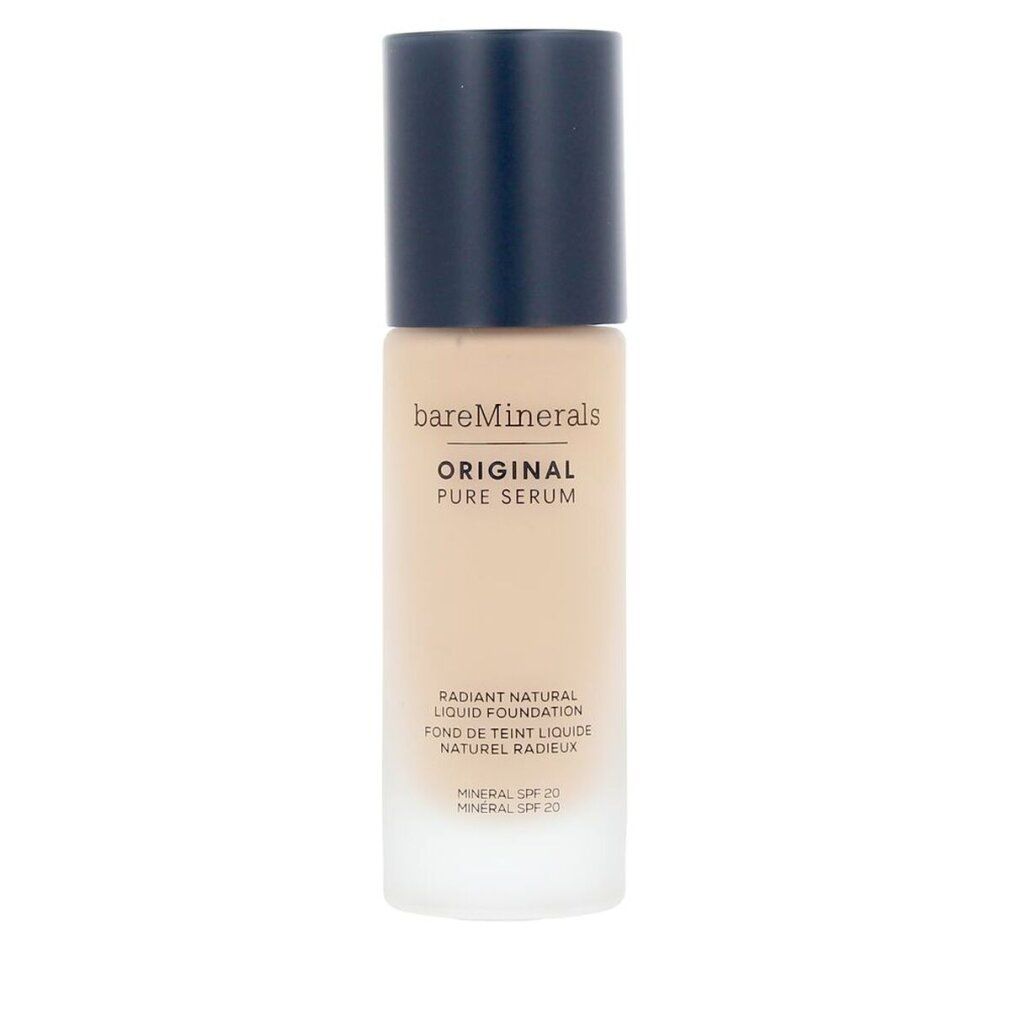 Flüssige Grundierung #Light Warm 2.5 von bareMinerals. Rechteckige Flasche mit dunkelblauem Deckel. Produktname und Details auf dem Etikett.