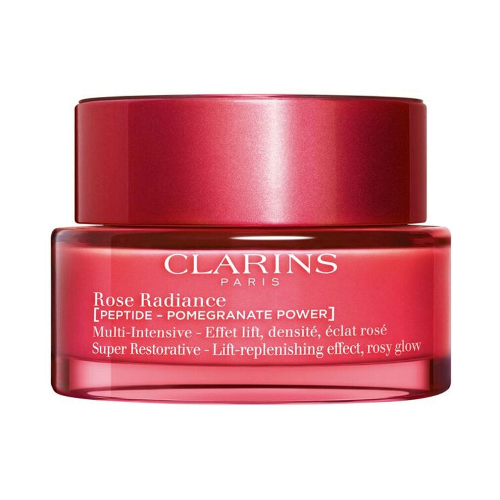Rote Creme-Dose mit Deckel. Aufschrift: CLARINS PARIS, Rose Radiance, [PEPTIDE - POMEGRANATE POWER].