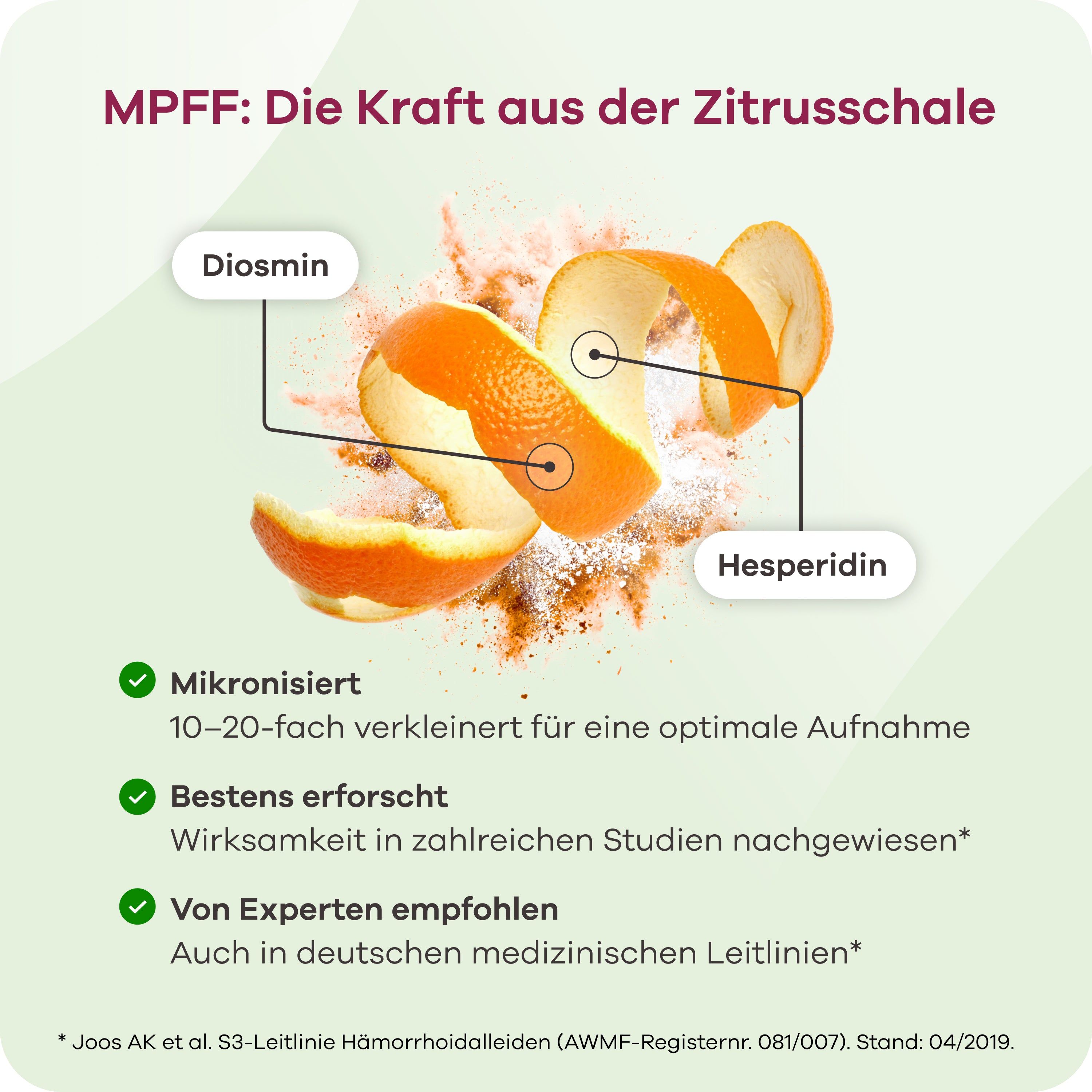 Grafik mit Bildern von Orangenschalen und Text über MPFF. Informationen über die Inhaltsstoffe und deren Wirkung.