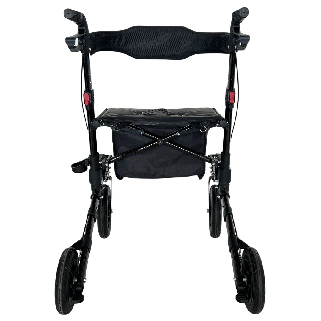 Rückansicht eines schwarzen Rollators mit Sitz und Tasche.