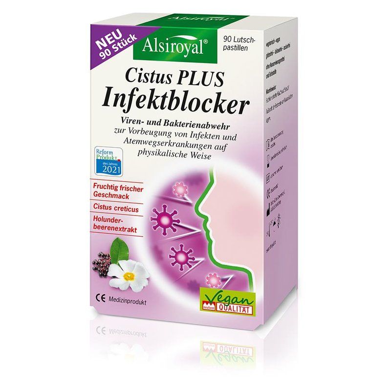 Verpackung mit Produktinformationen. Text: Alsiroyal Cistus PLUS Infektblocker, 90 Lutschpastillen. Mit Vegan-Qualität Siegel und CE-Kennzeichnung.