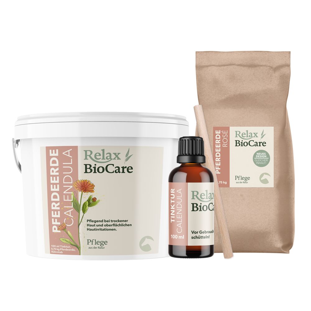 Drei Produkte: Eimer, Flasche und Beutel. Aufschrift: Relax BioCare Pferdeerde Calendula. Flasche: Tinktur Calendula. Beutel: Pferdeerde Rose.